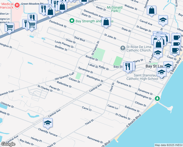 map of restaurants, bars, coffee shops, grocery stores, and more near 424 Sycamore Street in Bay St. Louis