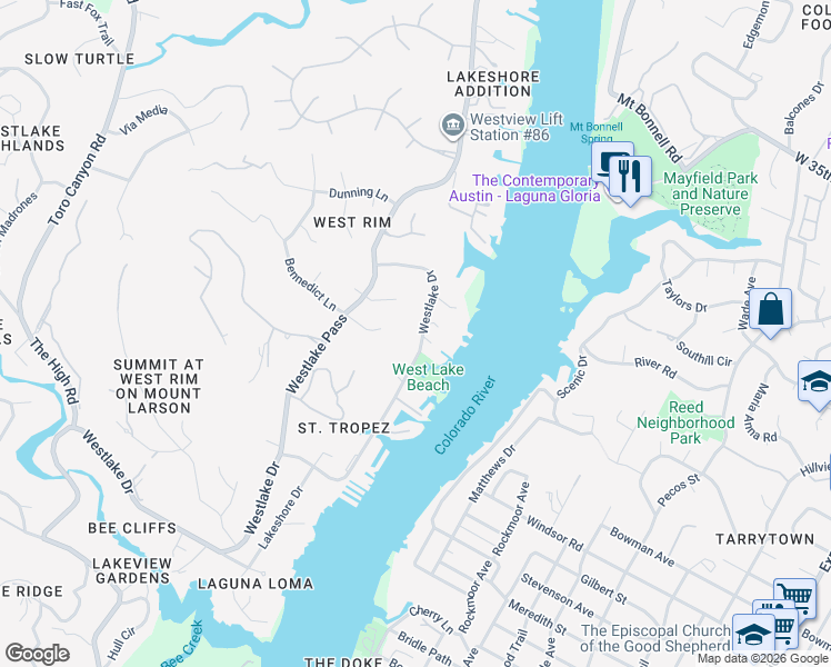 map of restaurants, bars, coffee shops, grocery stores, and more near 2604 Westlake Drive in Austin