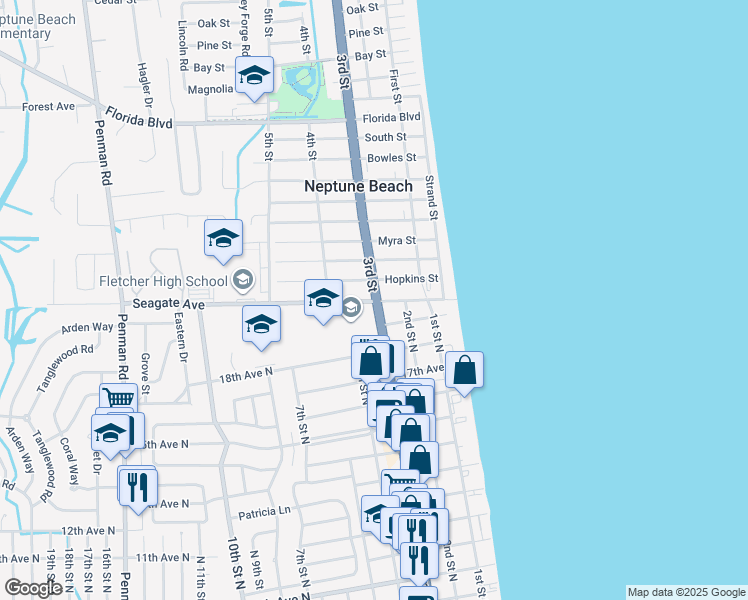 map of restaurants, bars, coffee shops, grocery stores, and more near 3948 3rd Street North in Jacksonville Beach