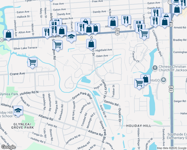 map of restaurants, bars, coffee shops, grocery stores, and more near 537 Eiseman Way in Jacksonville