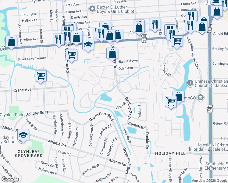 map of restaurants, bars, coffee shops, grocery stores, and more near 532 Eiseman Way in Jacksonville
