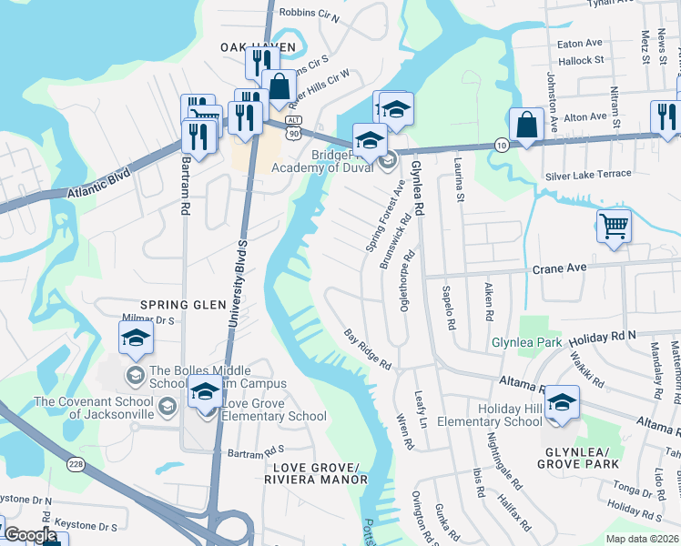 map of restaurants, bars, coffee shops, grocery stores, and more near 6219 Gloucester Road in Jacksonville