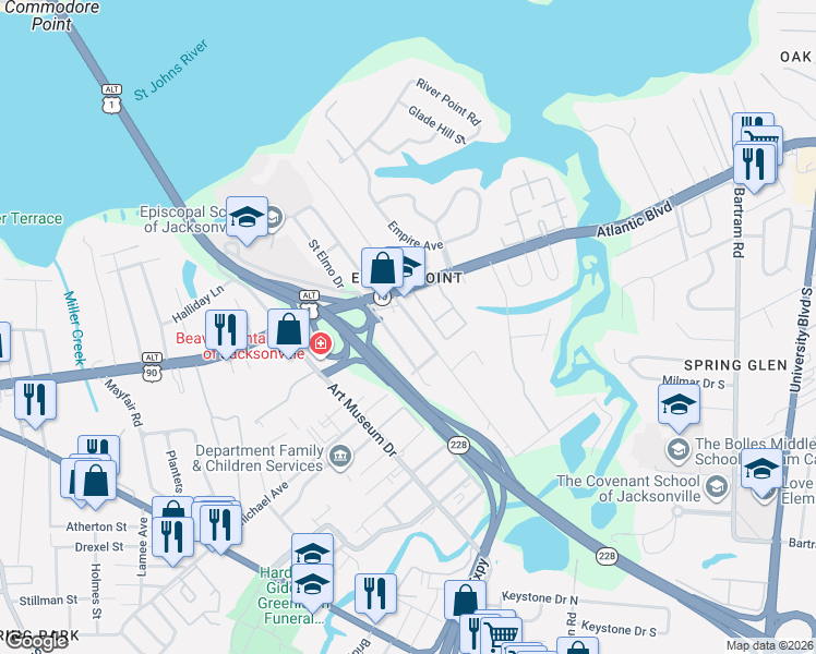 map of restaurants, bars, coffee shops, grocery stores, and more near 1659 Shadowood Lane in Jacksonville