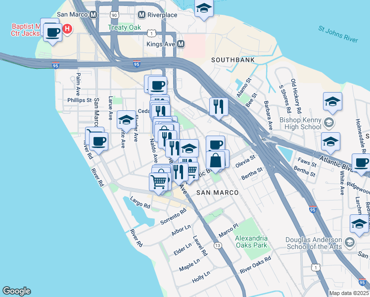 map of restaurants, bars, coffee shops, grocery stores, and more near 1823 Minerva Avenue in Jacksonville