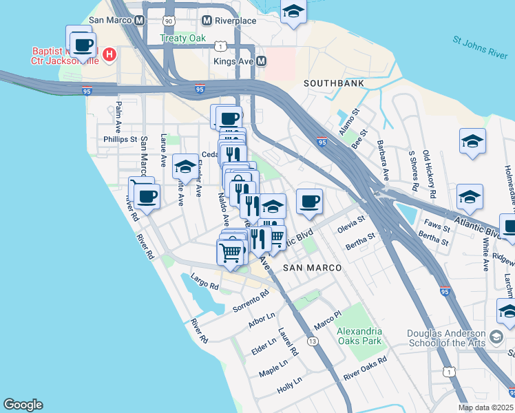 map of restaurants, bars, coffee shops, grocery stores, and more near 1516 Landon Avenue in Jacksonville