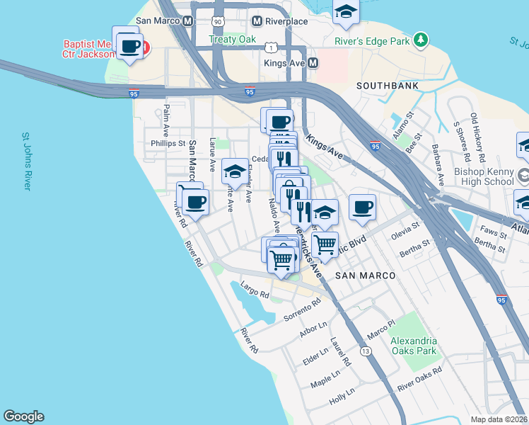 map of restaurants, bars, coffee shops, grocery stores, and more near 1715 Naldo Avenue in Jacksonville