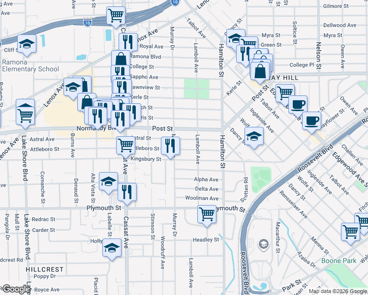 map of restaurants, bars, coffee shops, grocery stores, and more near 4654 Attleboro Street in Jacksonville