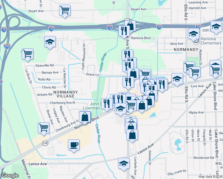map of restaurants, bars, coffee shops, grocery stores, and more near 965 Granville Road in Jacksonville