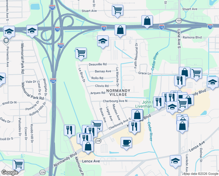 map of restaurants, bars, coffee shops, grocery stores, and more near 6935 Arques Road in Jacksonville