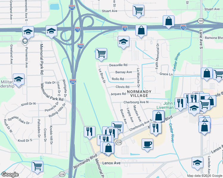 map of restaurants, bars, coffee shops, grocery stores, and more near 913 Le Brun Drive in Jacksonville