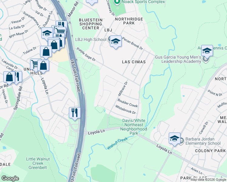 map of restaurants, bars, coffee shops, grocery stores, and more near 6908 Millrace Drive in Austin