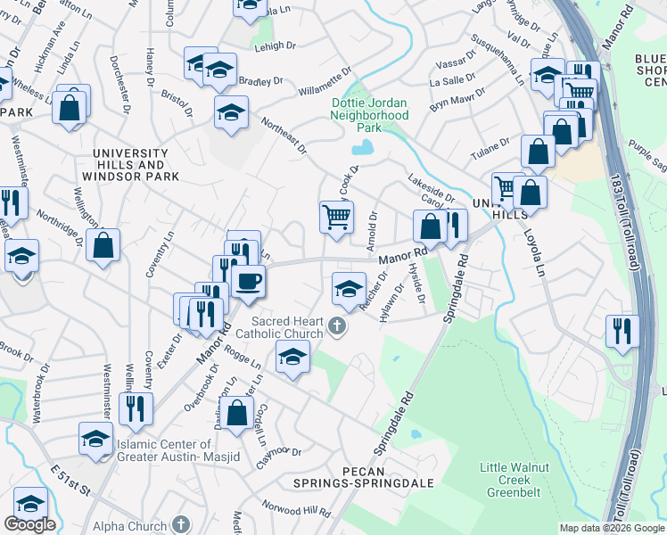 map of restaurants, bars, coffee shops, grocery stores, and more near 6211 Manor Road in Austin