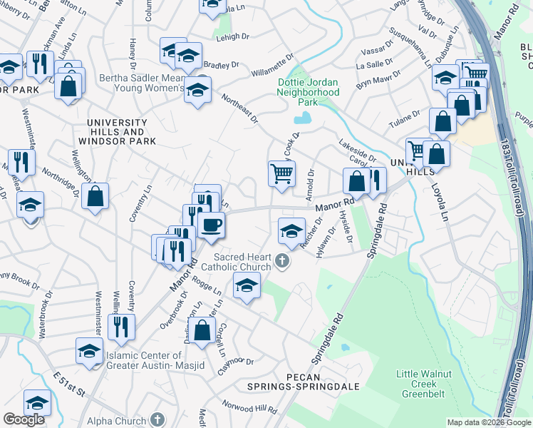 map of restaurants, bars, coffee shops, grocery stores, and more near 6107 Manor Road in Austin