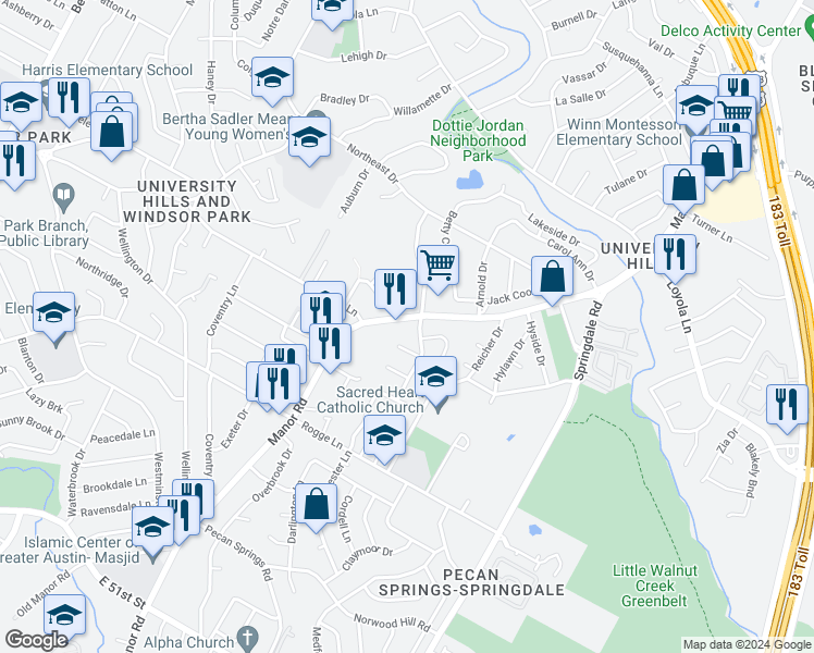 map of restaurants, bars, coffee shops, grocery stores, and more near 6107 Manor Road in Austin