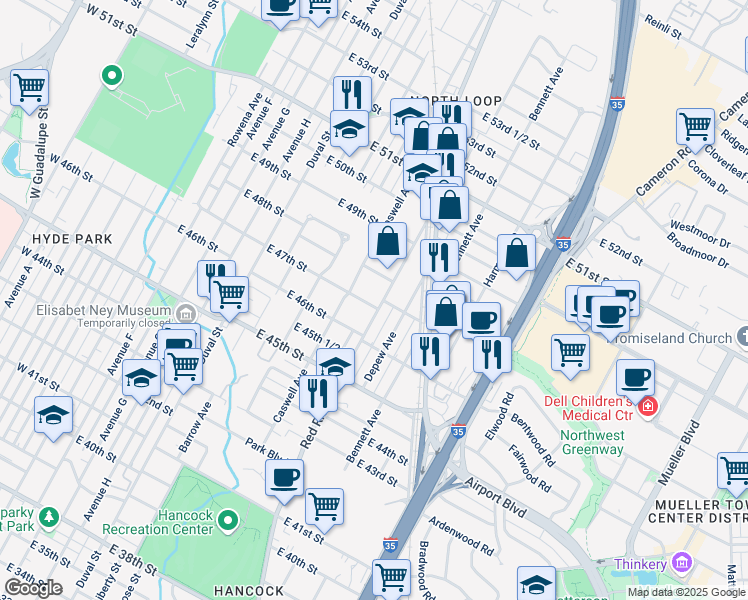 map of restaurants, bars, coffee shops, grocery stores, and more near 4625 Red River Street in Austin