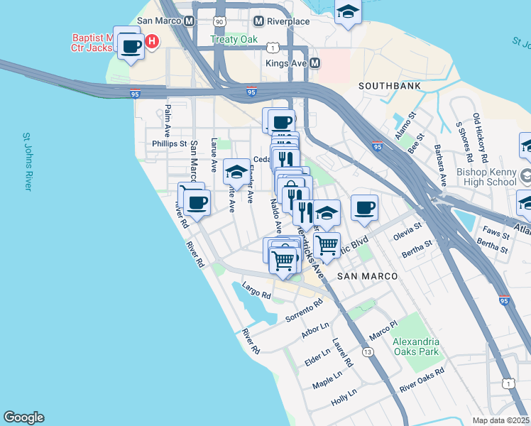 map of restaurants, bars, coffee shops, grocery stores, and more near 1715 Naldo Avenue in Jacksonville