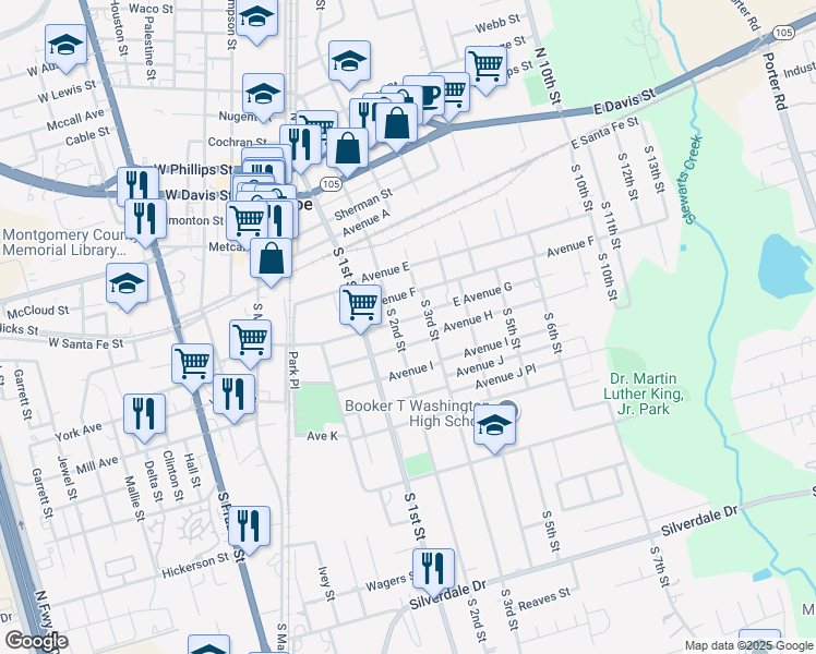 map of restaurants, bars, coffee shops, grocery stores, and more near 500 South 3rd Street in Conroe