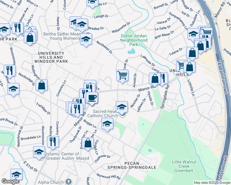 map of restaurants, bars, coffee shops, grocery stores, and more near 6107 Manor Road in Austin