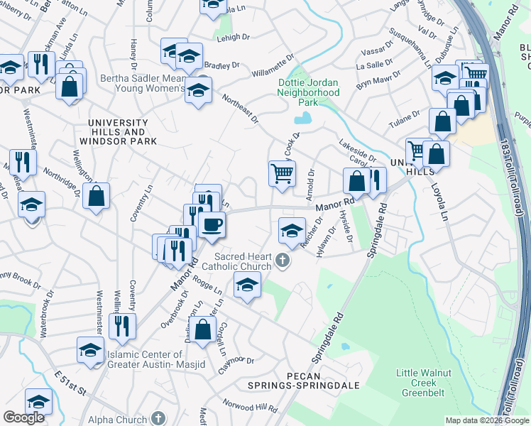 map of restaurants, bars, coffee shops, grocery stores, and more near 6115 Manor Road in Austin