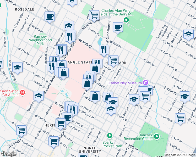 map of restaurants, bars, coffee shops, grocery stores, and more near 4206 Avenue A in Austin