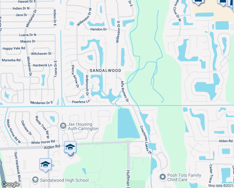 map of restaurants, bars, coffee shops, grocery stores, and more near 2142 Willesdon Drive East in Jacksonville