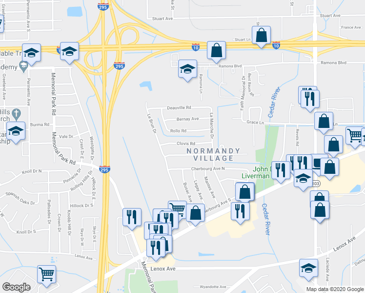 map of restaurants, bars, coffee shops, grocery stores, and more near 7017 Arques Road in Jacksonville