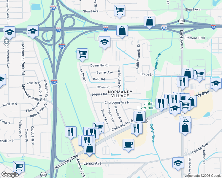 map of restaurants, bars, coffee shops, grocery stores, and more near 6935 Arques Road in Jacksonville