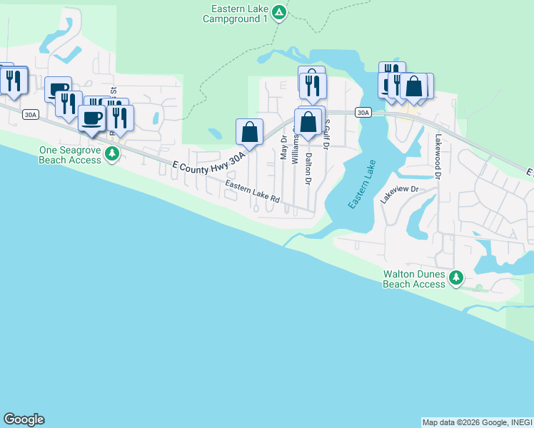 map of restaurants, bars, coffee shops, grocery stores, and more near 695 Lakewood Drive in Santa Rosa Beach