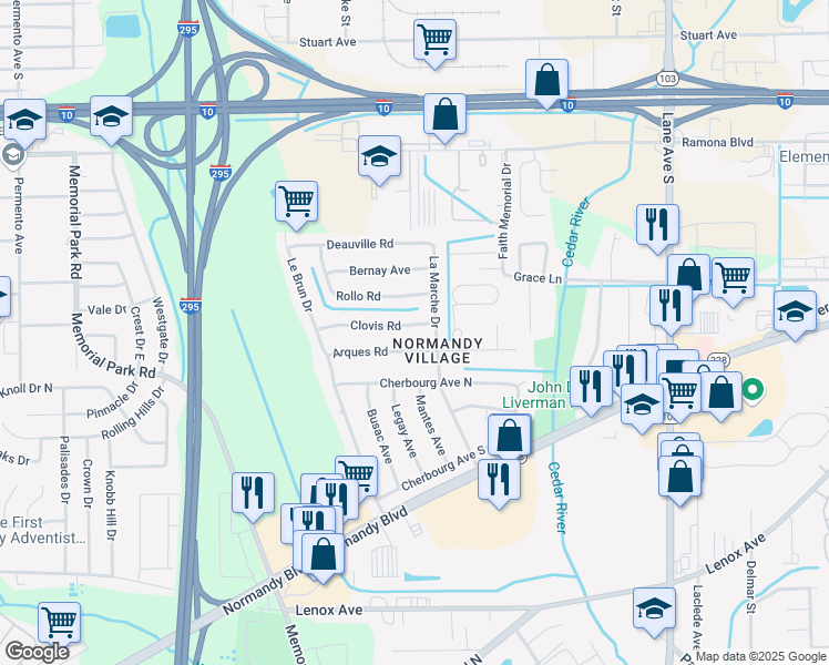 map of restaurants, bars, coffee shops, grocery stores, and more near 6924 Clovis Road in Jacksonville