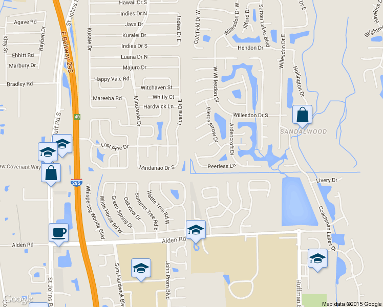 map of restaurants, bars, coffee shops, grocery stores, and more near 2268 Peerless Ln W in Jacksonville