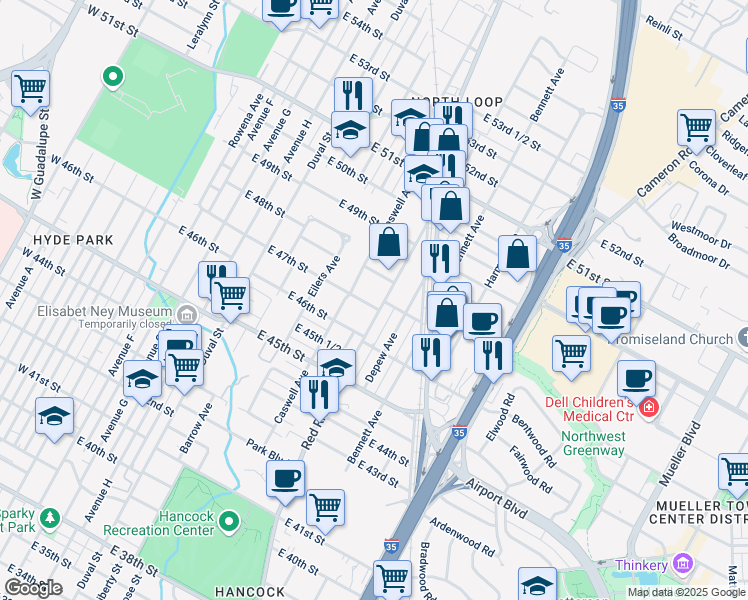 map of restaurants, bars, coffee shops, grocery stores, and more near 4625 Red River Street in Austin