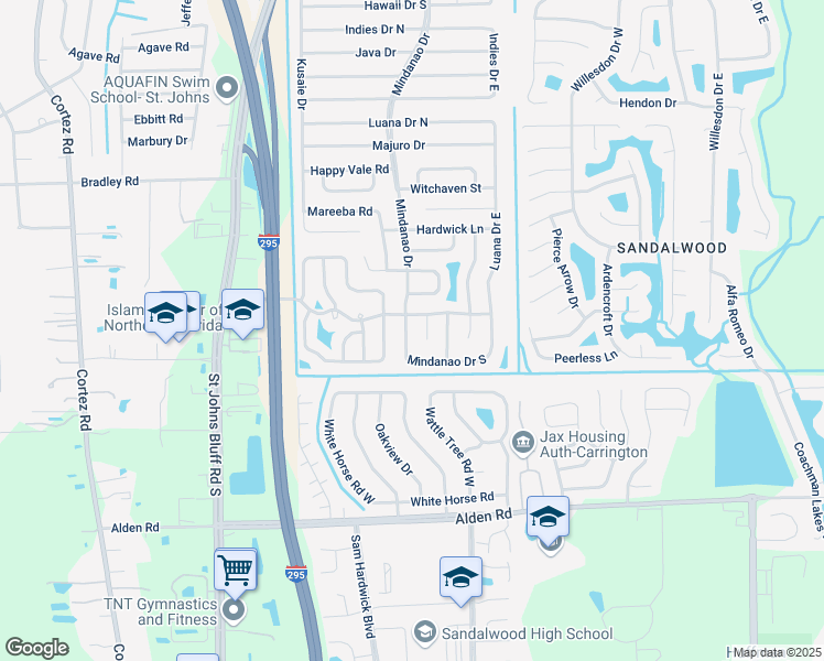 map of restaurants, bars, coffee shops, grocery stores, and more near 2320 Mindanao Drive in Jacksonville