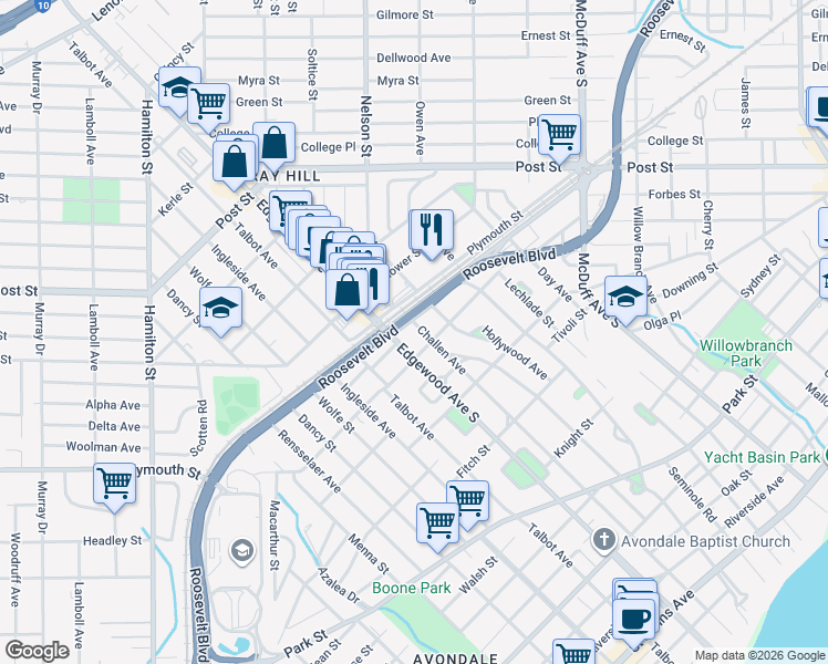 map of restaurants, bars, coffee shops, grocery stores, and more near 1217 Edgewood Avenue South in Jacksonville