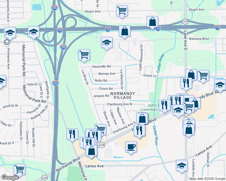 map of restaurants, bars, coffee shops, grocery stores, and more near 6936 Clovis Road in Jacksonville