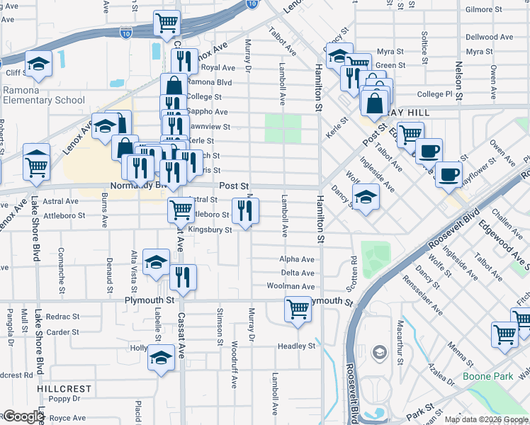 map of restaurants, bars, coffee shops, grocery stores, and more near 4654 Attleboro Street in Jacksonville