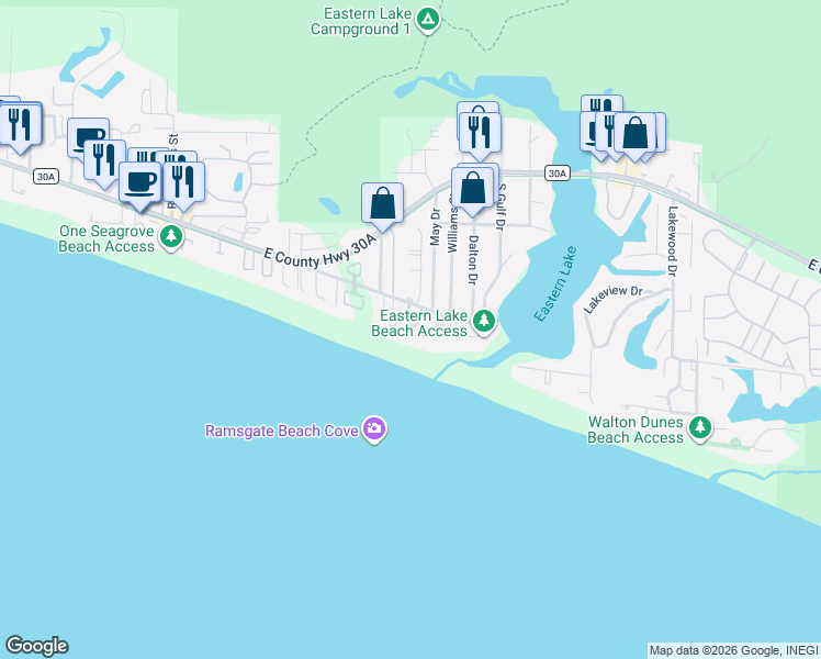 map of restaurants, bars, coffee shops, grocery stores, and more near 695 Lakewood Drive in Santa Rosa Beach