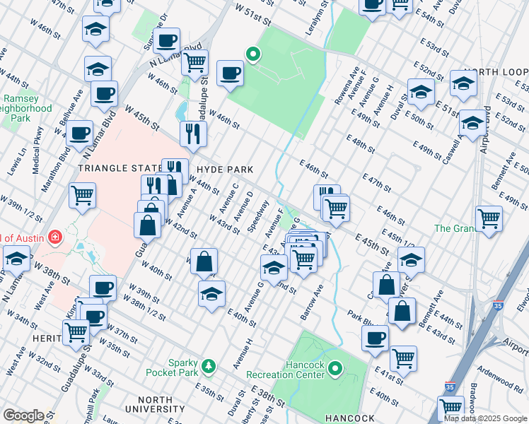 map of restaurants, bars, coffee shops, grocery stores, and more near 4401 Speedway in Austin