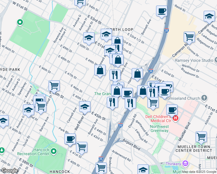 map of restaurants, bars, coffee shops, grocery stores, and more near 4709 Depew Avenue in Austin