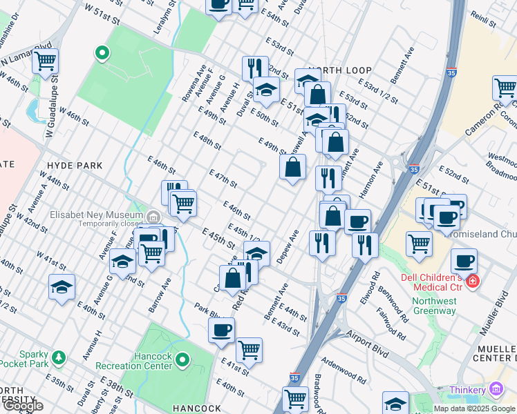 map of restaurants, bars, coffee shops, grocery stores, and more near 4608 Caswell Avenue in Austin