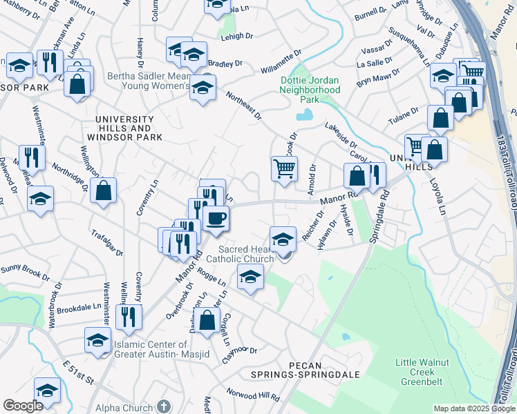 map of restaurants, bars, coffee shops, grocery stores, and more near 6107 Manor Road in Austin