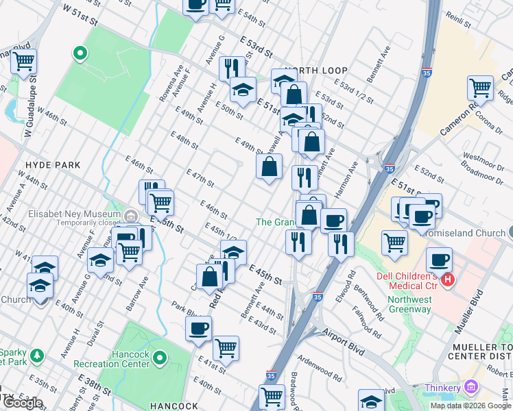 map of restaurants, bars, coffee shops, grocery stores, and more near 803 East 47th Street in Austin