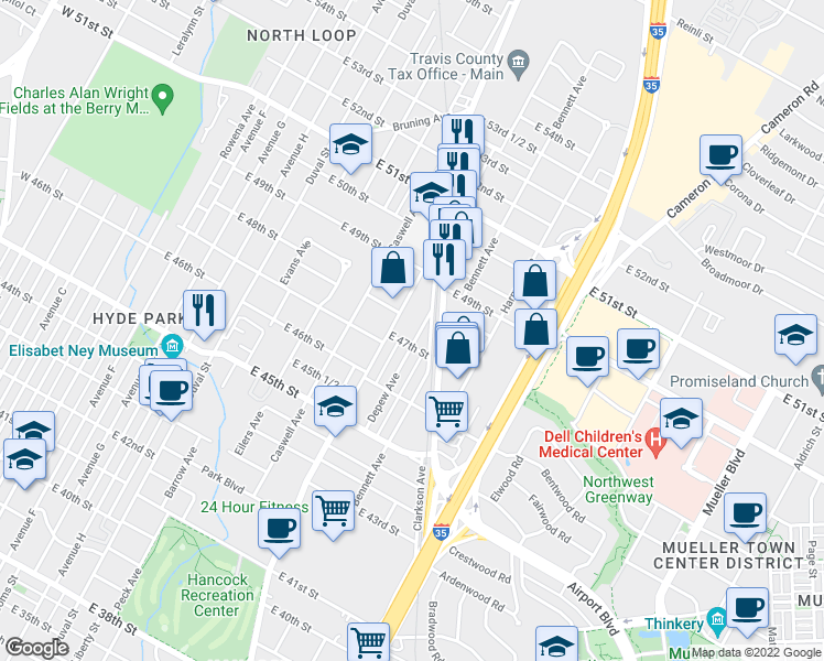 map of restaurants, bars, coffee shops, grocery stores, and more near 4708 Depew Avenue in Austin