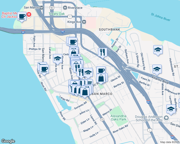 map of restaurants, bars, coffee shops, grocery stores, and more near 1823 Minerva Avenue in Jacksonville