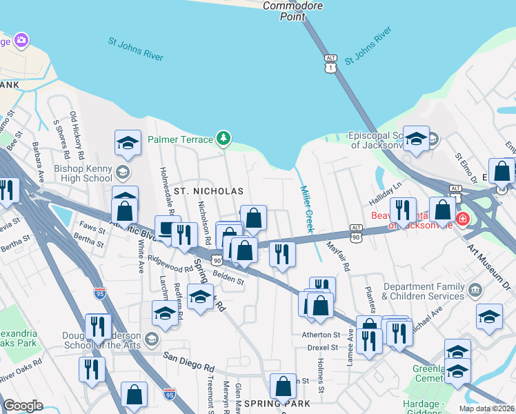 map of restaurants, bars, coffee shops, grocery stores, and more near 3334 Olive Street in Jacksonville