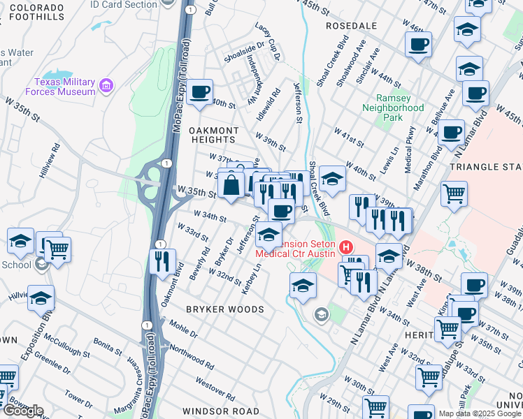 map of restaurants, bars, coffee shops, grocery stores, and more near W 35th St & Jefferson St in Austin
