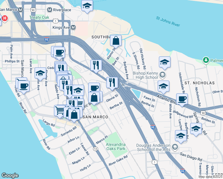 map of restaurants, bars, coffee shops, grocery stores, and more near in 