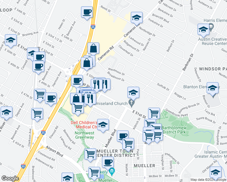 map of restaurants, bars, coffee shops, grocery stores, and more near 1313 East 52nd Street in Austin