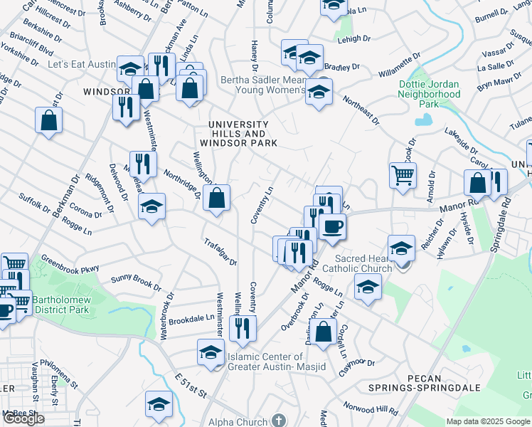 map of restaurants, bars, coffee shops, grocery stores, and more near 2502 Lansbury Drive in Austin