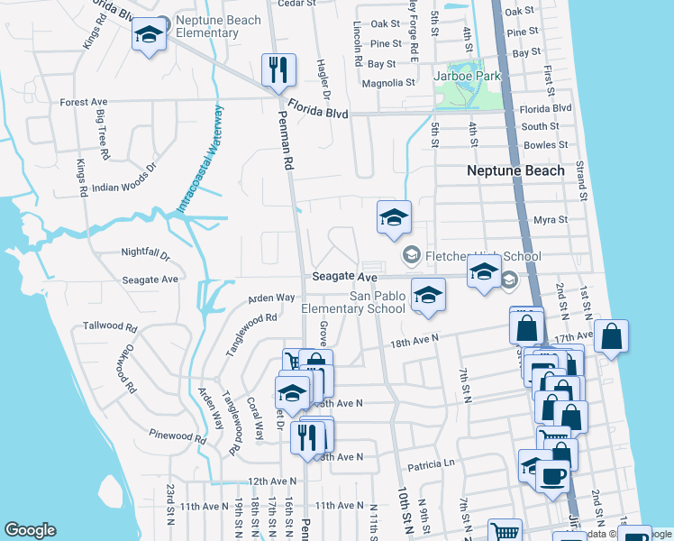 map of restaurants, bars, coffee shops, grocery stores, and more near 1100 Seagate Avenue in Neptune Beach