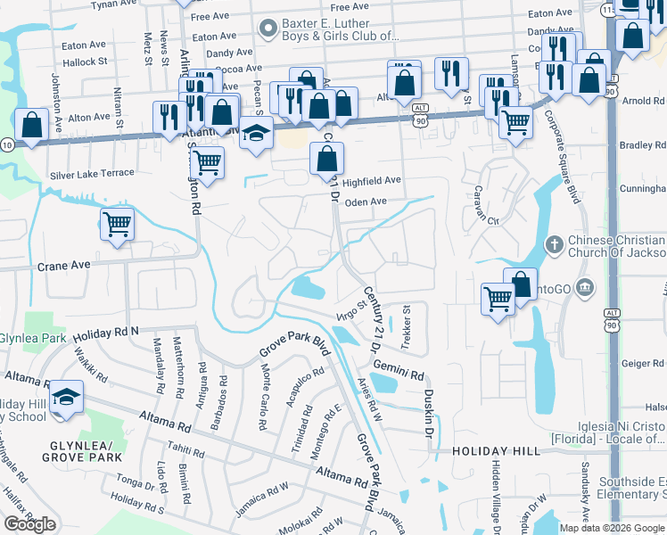 map of restaurants, bars, coffee shops, grocery stores, and more near 537 Eiseman Way in Jacksonville